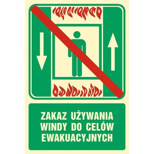 Znak zakaz używania windy do celów ewaku