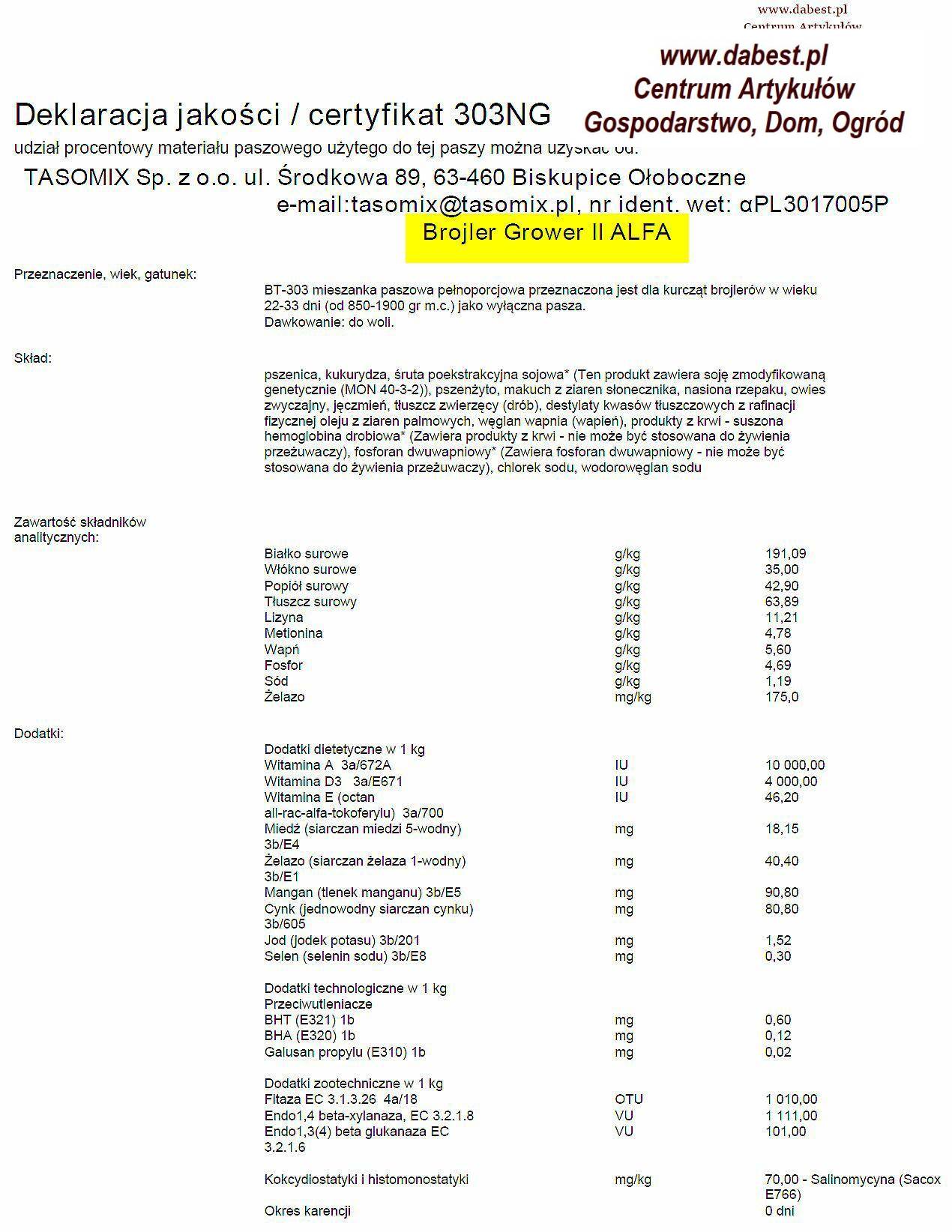 Tasomix - Brojler Grower II ALFA gr.25kg