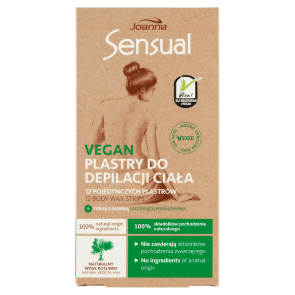 Joanna Sensual Vegan Plastry do depilacji ciała 12 sztuk + Tubka z oliwką łagodzącą 10 ml