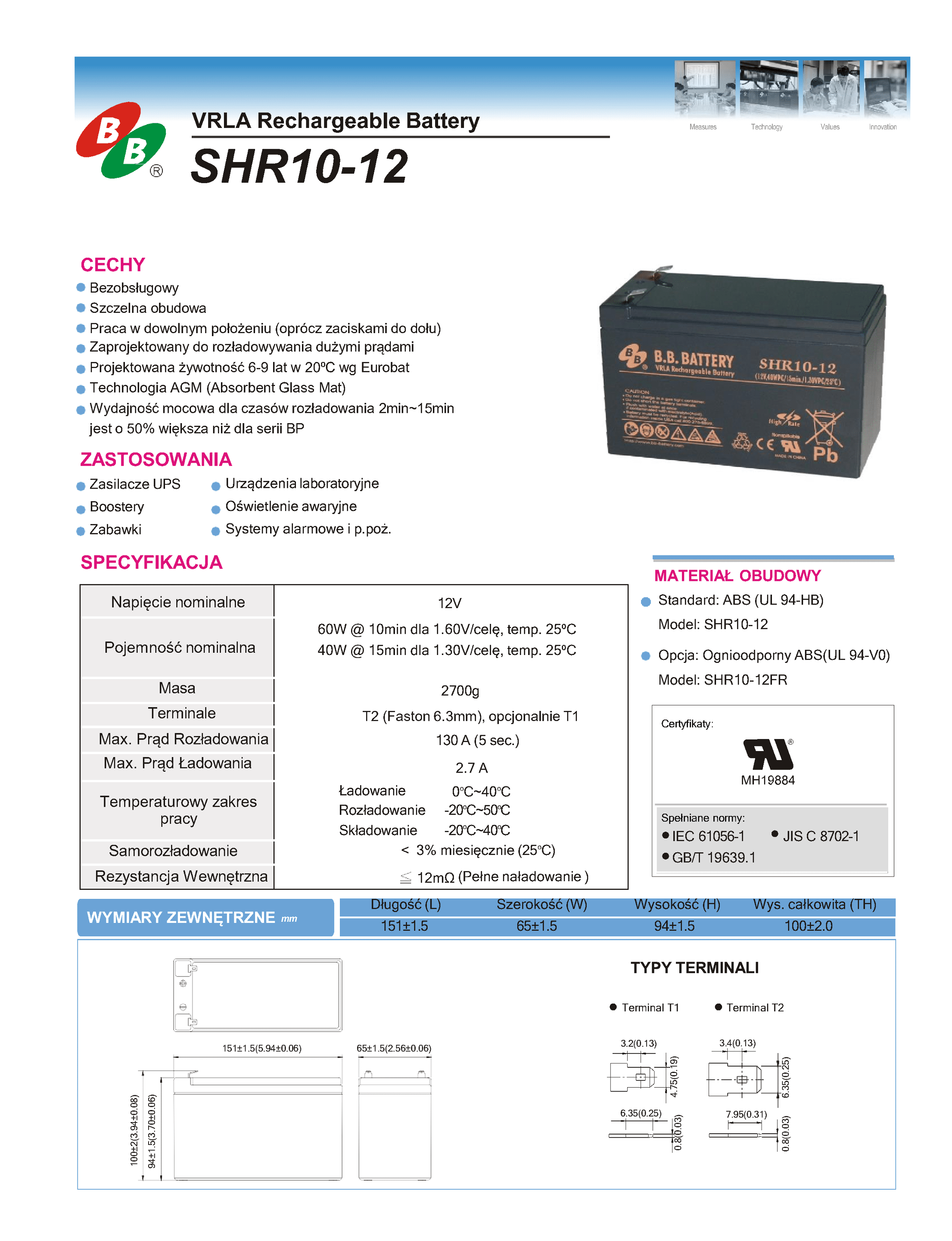 Akumulator SHR 12V-10Ah faston 6,3 mm