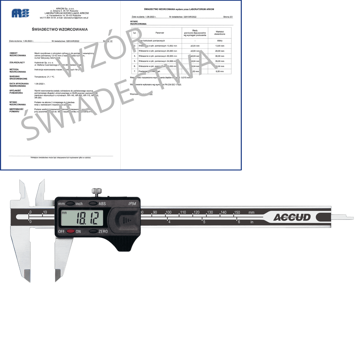 ACCUD suwmiarka elektroniczna 150/0.01 mm z wyjściem danych IP54 ABS + wzorcowanie 111-006-11N WZORC (Zdjęcie 1)