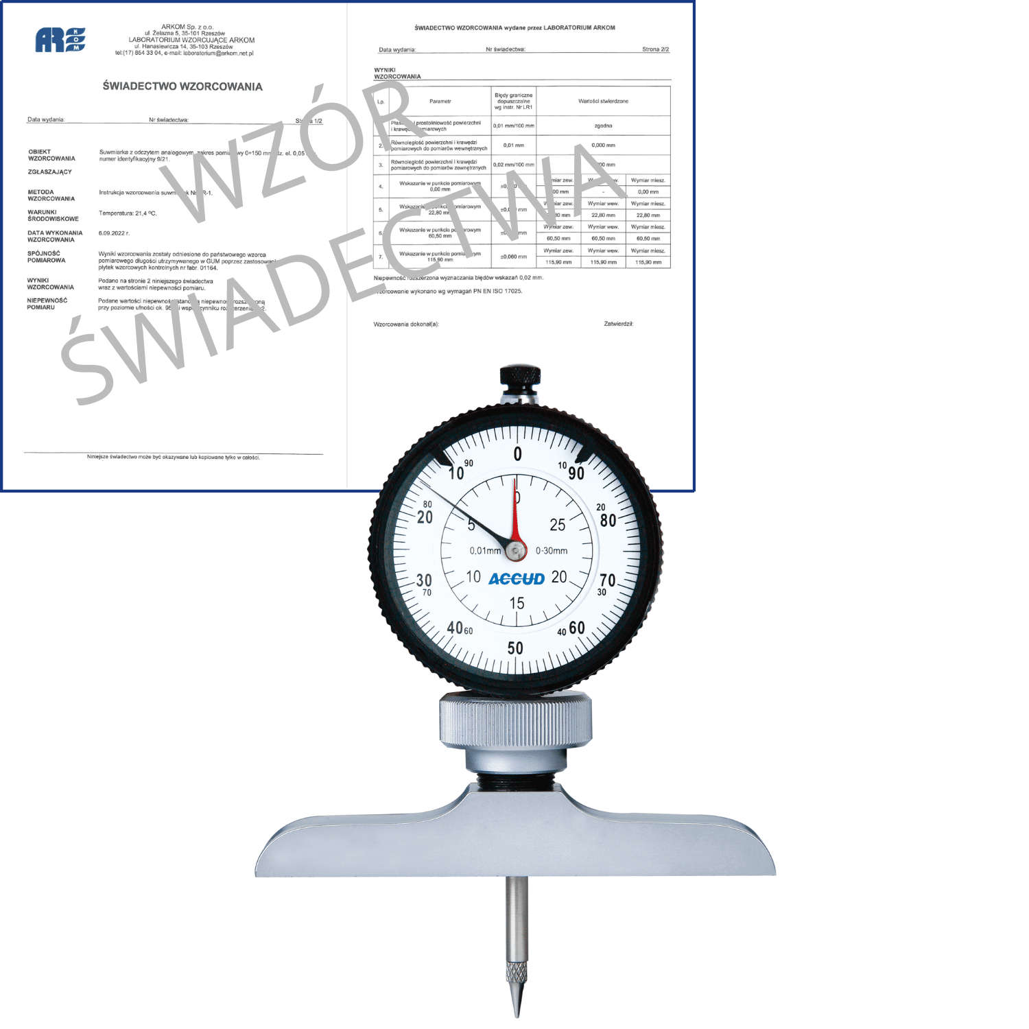 ACCUD głębokościomierz zegarowy 0-300/0.01mm podstawa 101.5x17mm + świadectwo wzorcowania 292-300-12 WZORC