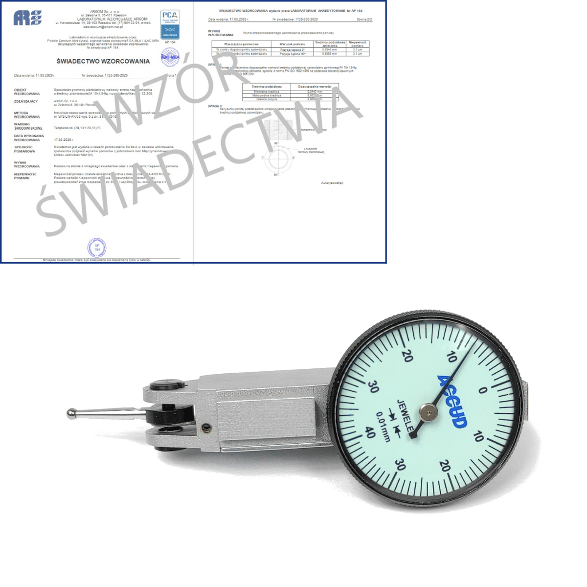 ACCUD czujnik dźwigniowo-zębaty poziomy 0-0.8/0.01 mm + świadectwo wzorcowania PCA 261-008-11 WZORC (Zdjęcie 1)