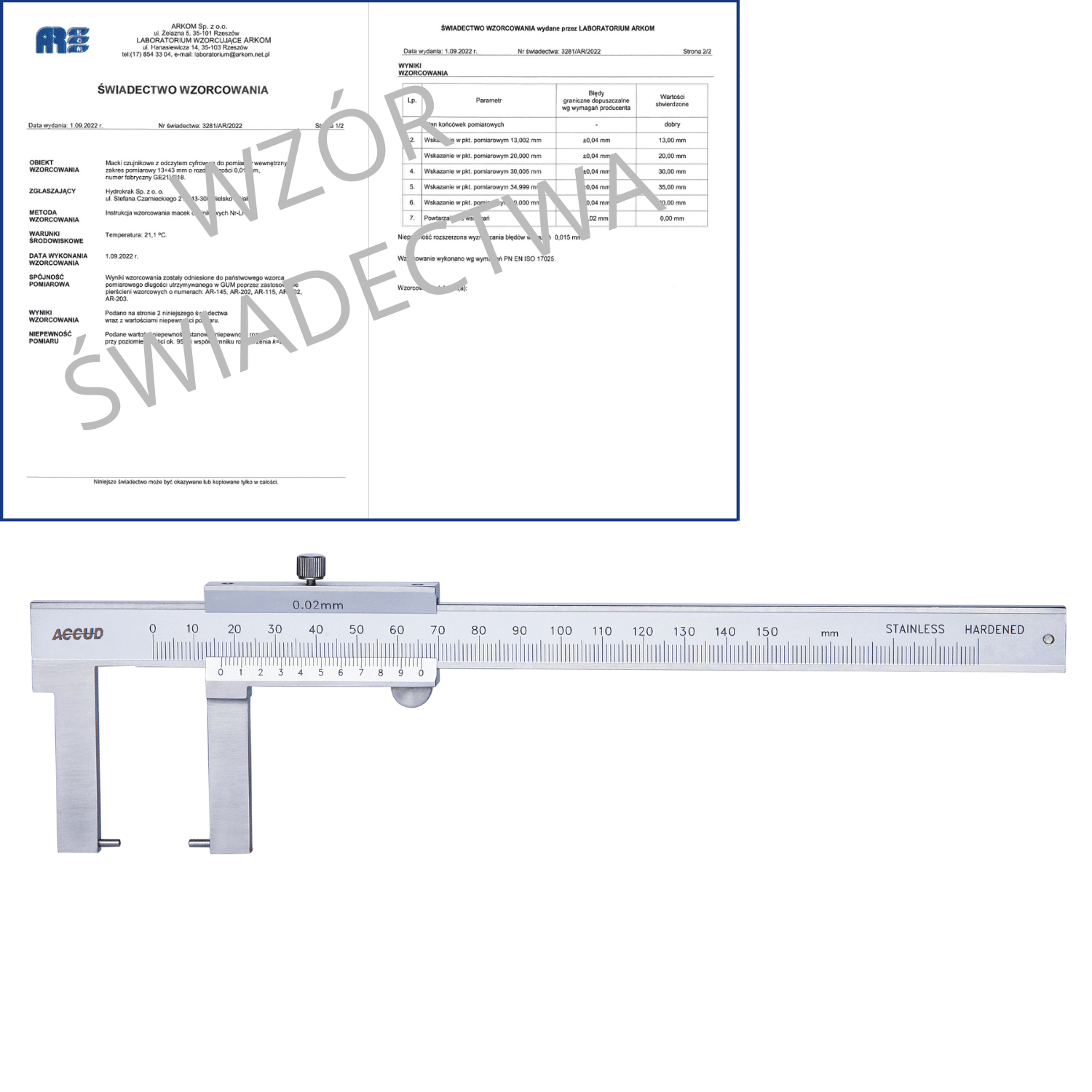 ACCUD suwmiarka analogowa 150/0.02 mm do pomiarów zewnętrznych + świadectwo wzorcowania 144-006-11 WZORC (Zdjęcie 1)