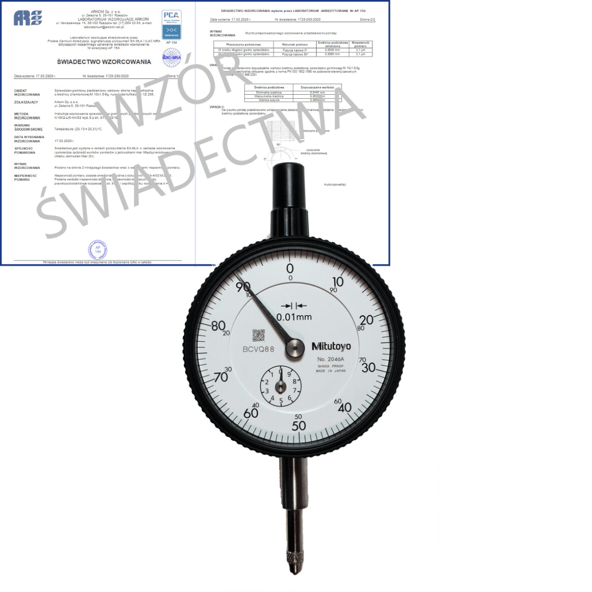 MITUTOYO czujnik zegarowy 10/0,01 mm 2046AB + świadectwo wzorcowania PCA 2046AB WZORC
