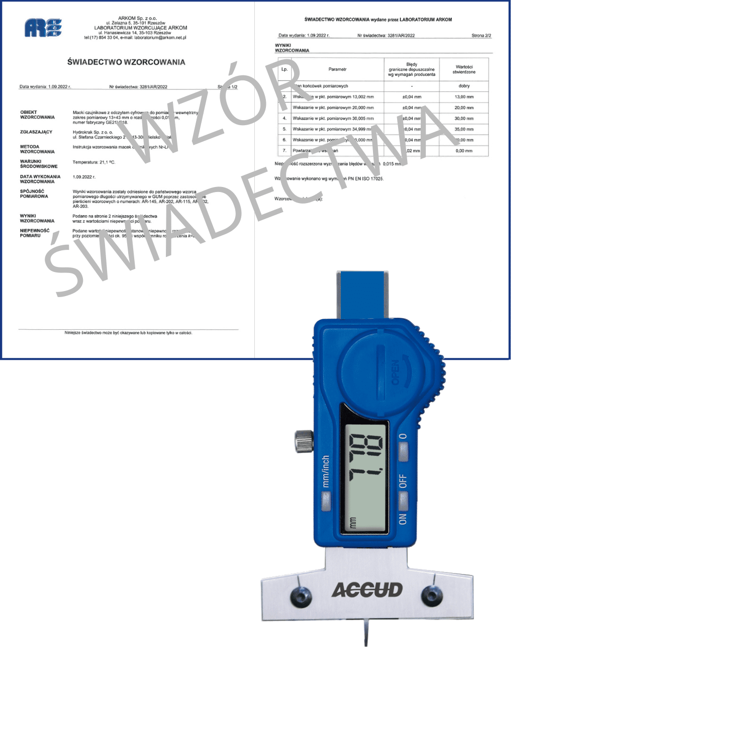 ACCUD głębokościomierz elektroniczny 0-25/0.01 mm do bieżnika opon + świadectwo wzorcowania 176-001-11 WZORC