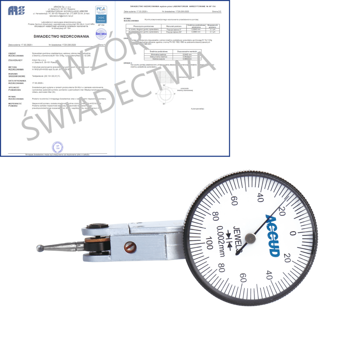 ACCUD czujnik dźwigniowo-zębaty poziomy 0-0.02/0.002 mm + świadectwo wzorcowania PCA 261-002-01 WZORC
