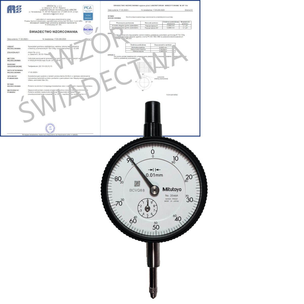 MITUTOYO czujnik zegarowy 0.01-10/0.01 mm + świadectwo wzorcowania PCA 2046A-WZORC