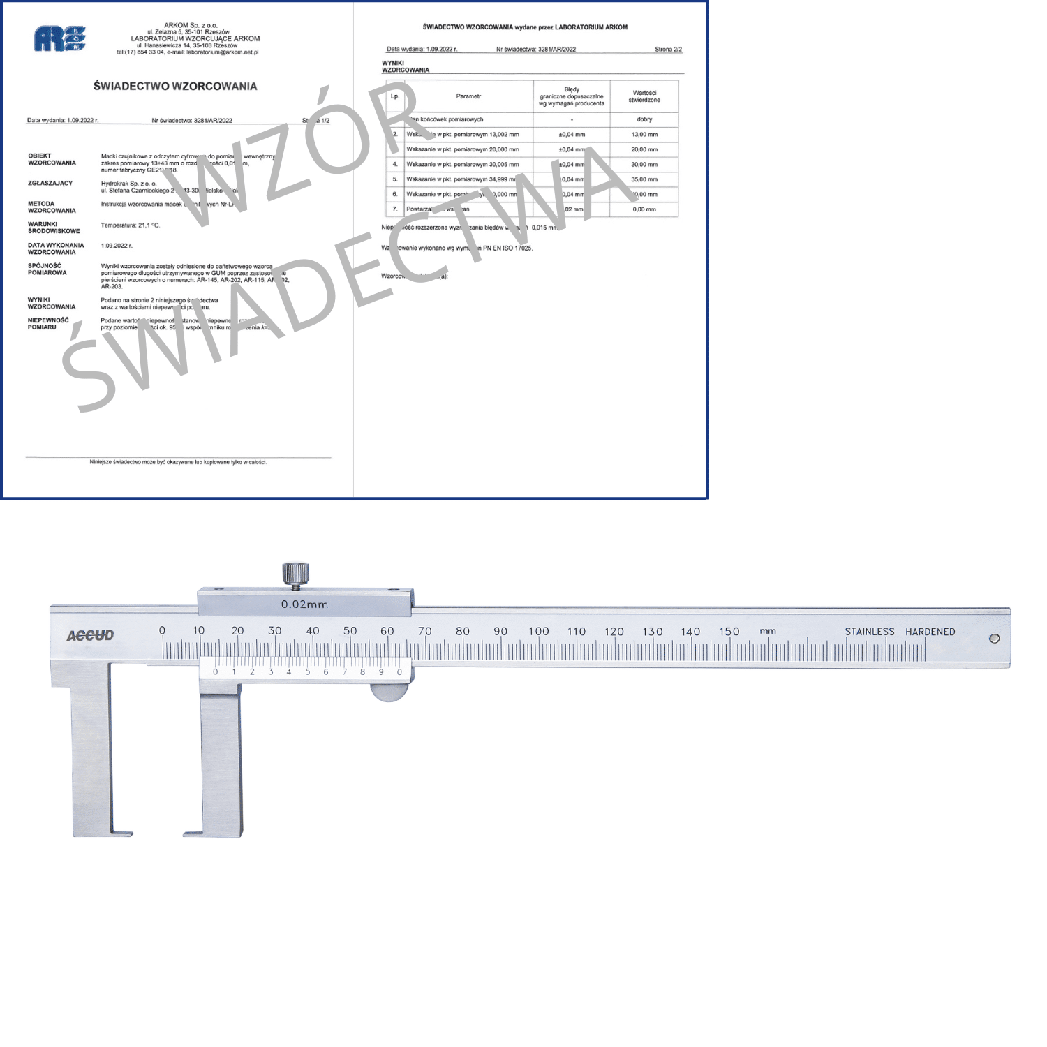 ACCUD suwmiarka analogowa 150/0.02 mm do pomiarów zewnętrznych + świadectwo wzorcowania 143-006-11 WZORC