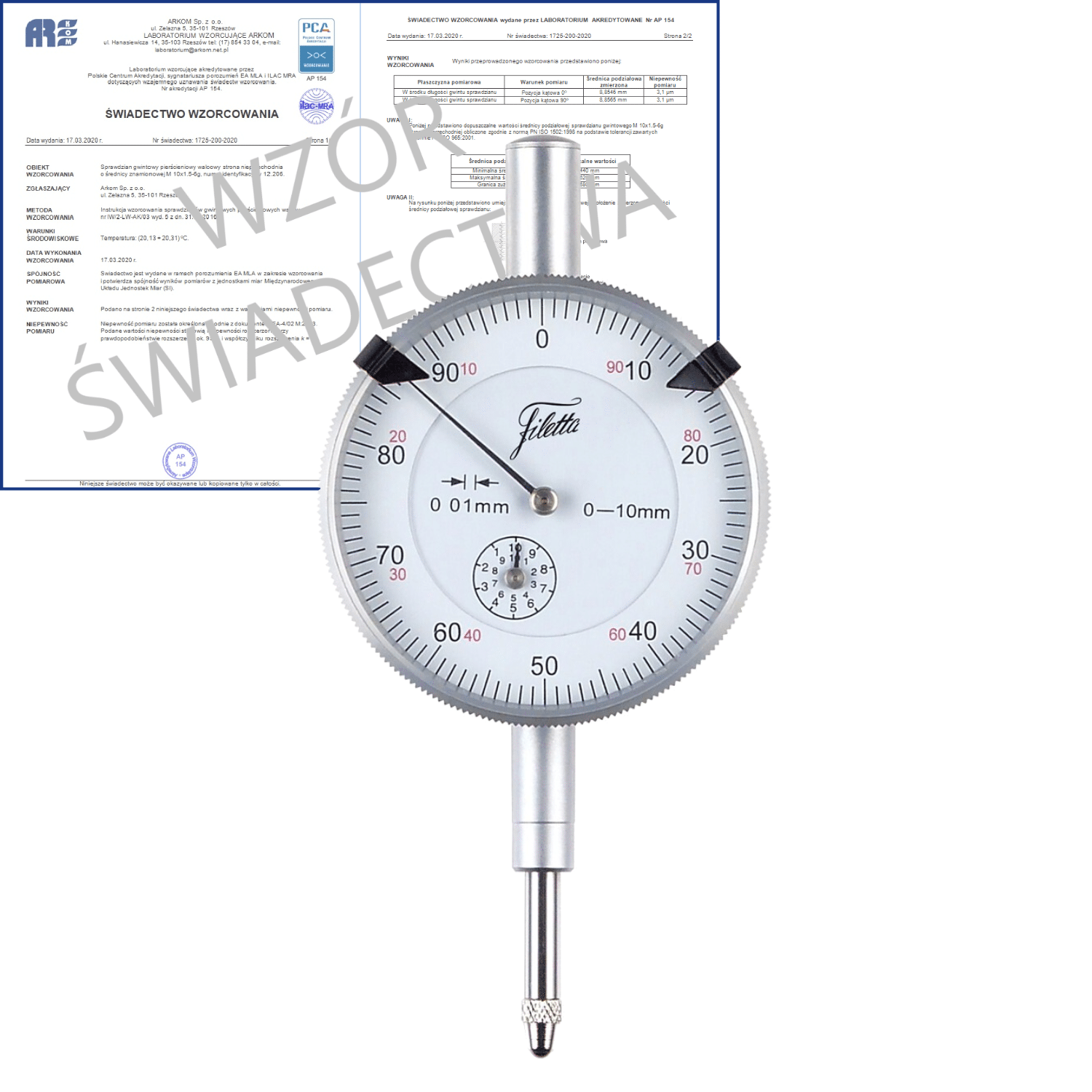 SCHUT czujnik zegarowy 0-3/0.01mm + świadectwo wzorcowania PCA 907.928 WZORC