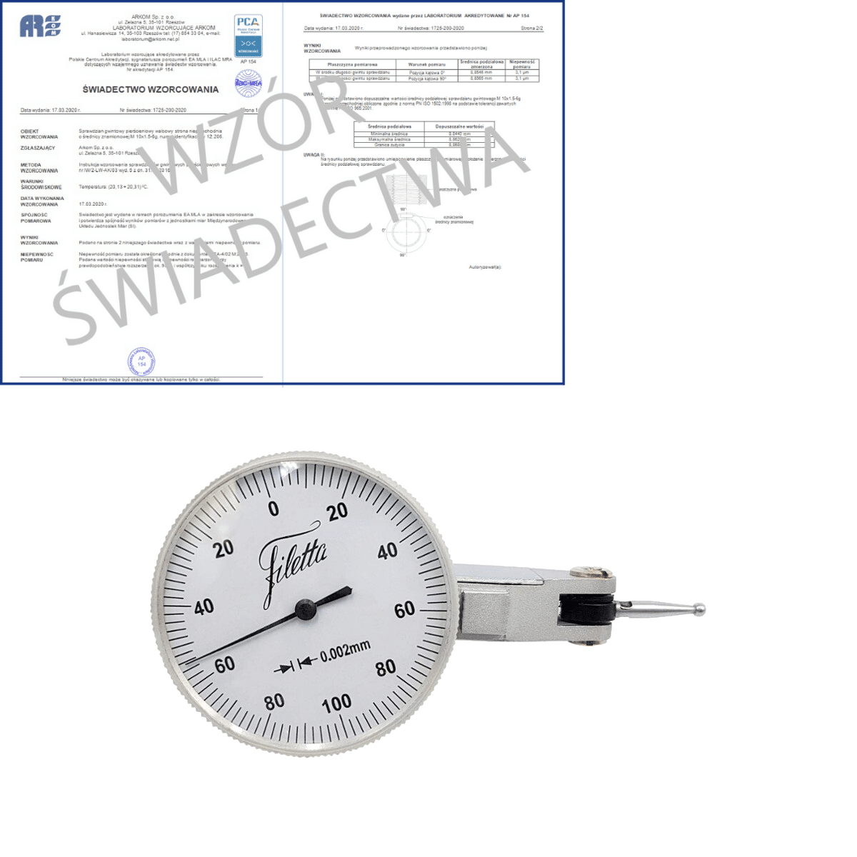 SCHUT czujnik dźwigniowo-zębaty 0-100-0/0.2/0.002mm diatest + świadectwo wzorcowania PCA 907.942 WZORC