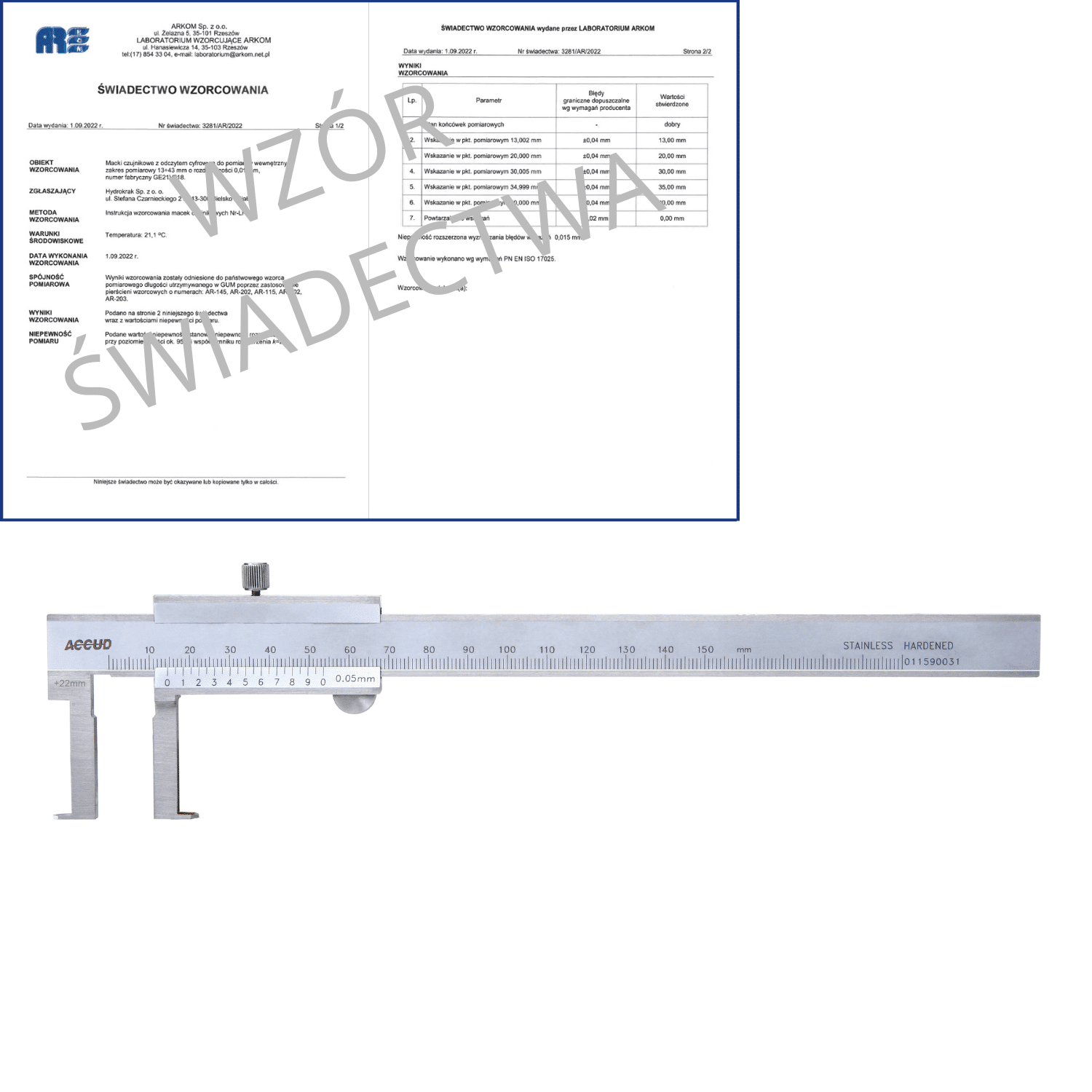 ACCUD suwmiarka analogowa 22-150/0.02 mm do pomiarów wewnętrznych + świadectwo wzorcowania 145-006-11 WZORC