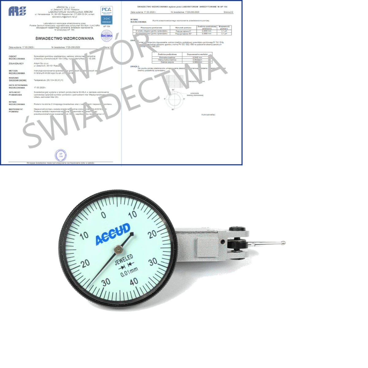 ACCUD czujnik dźwigniowo-zębaty poziomy 0-0.08/0.01mm + świadectwo wzorcowania PCA 261-008-12 WZORC