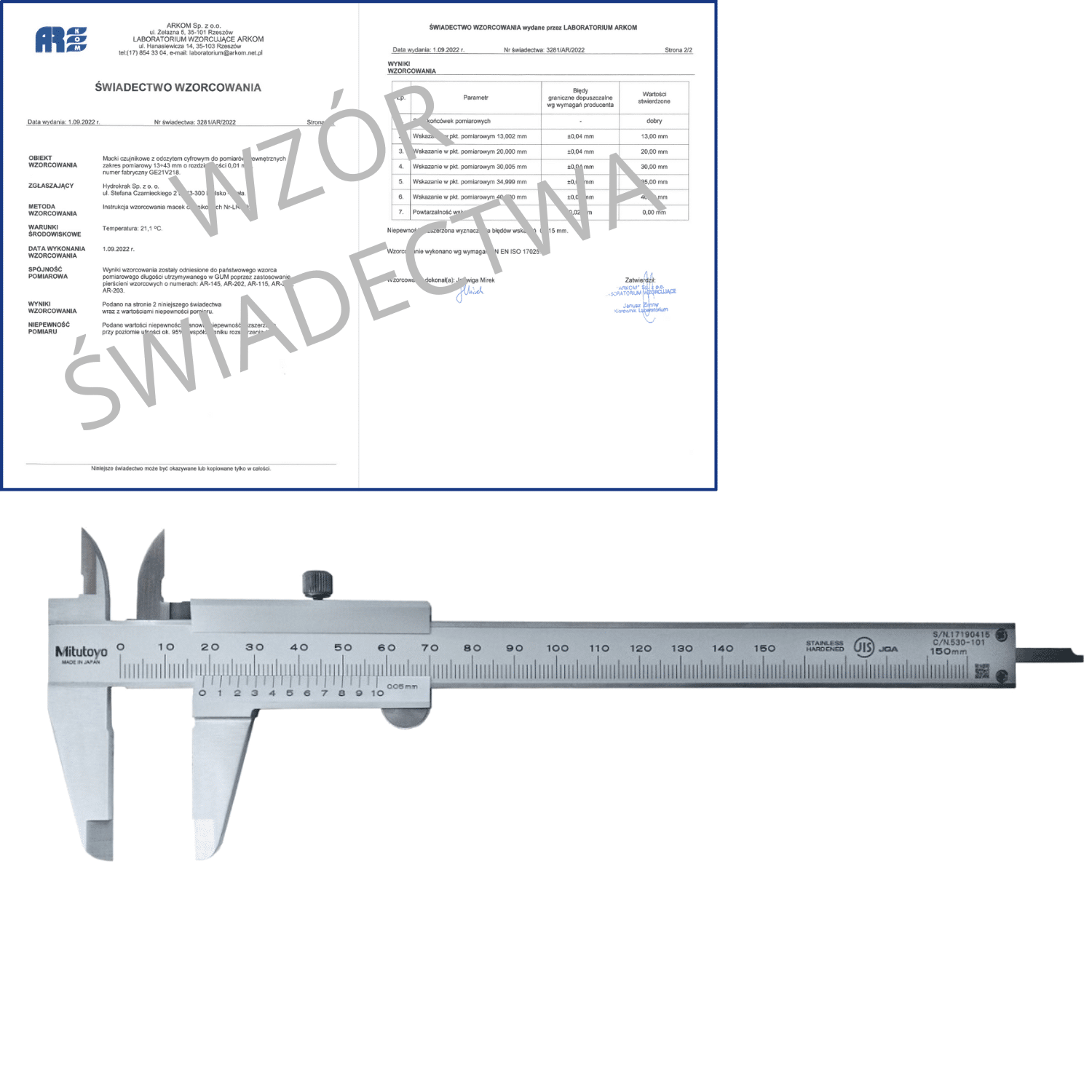 MITUTOYO suwmiarka analogowa 150/0.02 mm + świadectwo wzorcowania 530-122 WZORC