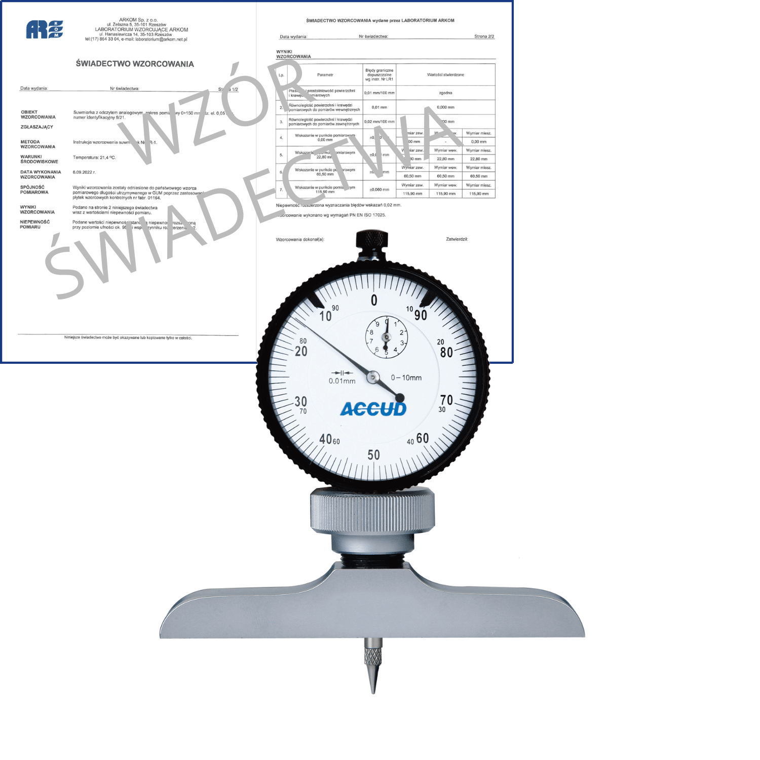 ACCUD głębokościomierz zegarowy 0-10/0.01mm  podstawa 101.5x17mm + świadectwo wzorcowania 291-010-12 WZORC (Zdjęcie 1)
