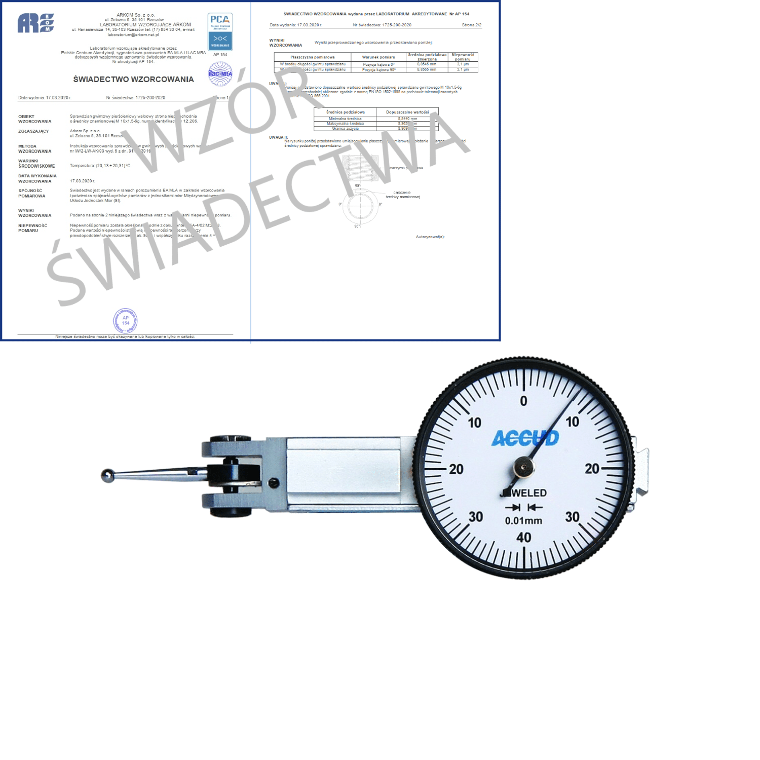 ACCUD czujnik dźwigniowo-zębaty poziomy 0-0.02/0.002 mm + świadectwo wzorcowania 261-002-02 WZORC