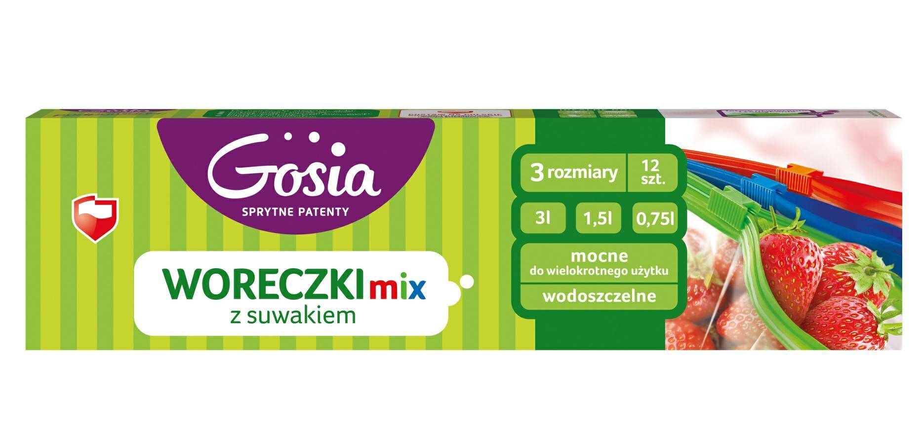 Torebki strunowe z suwakiem Gosia, przezroczyste, Mix rozmiarów: 4x 0,75l, 4x 1,5l, 4x 3l, 12 szt.