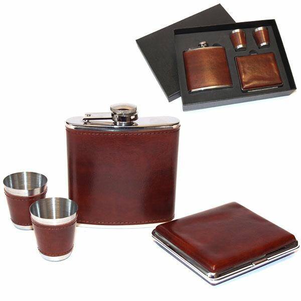 Set no. 6- hip flask, 2 glasses + cigarette case