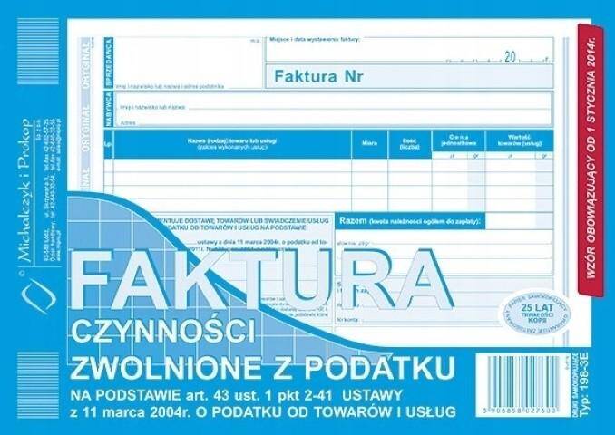 Faktura A5 czynności zwolnione z podatku