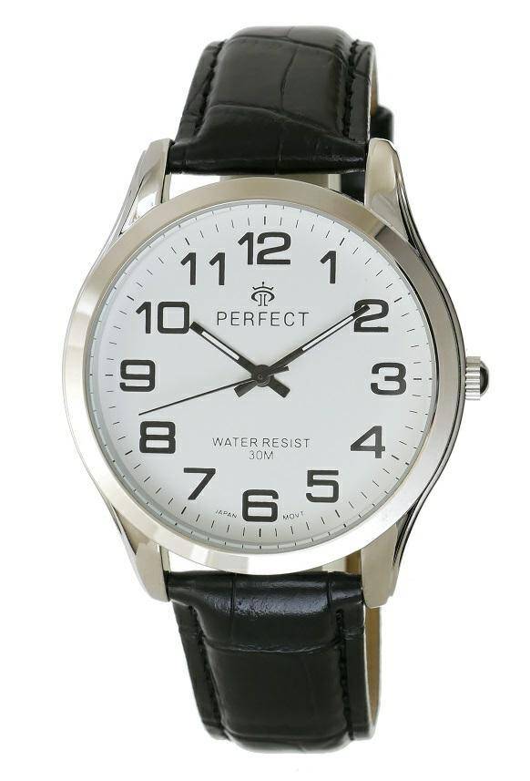 ZEGAREK PERFECT MĘSKI C403P-01 SREBRNA KOPERTA, BIAŁA TARCZA, CZARNY PASEK
