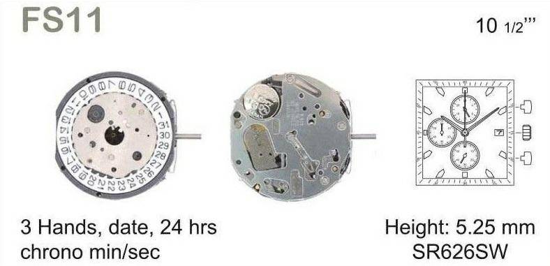 MECHANIZM MIYOTA FS11 Mvt. Miyota FS11 10 1/2```SC DATE3 CHR PARALLEL PUSHBUTTON 24H SEC MIN Quartz(377)