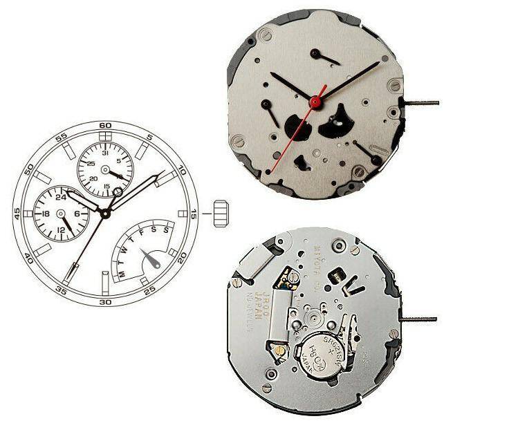 MECHANIZM MIYOTA JR00 Mvt. 12 1/2``` DAY6/DATE12 SC RETRO DAY 24H Quartz