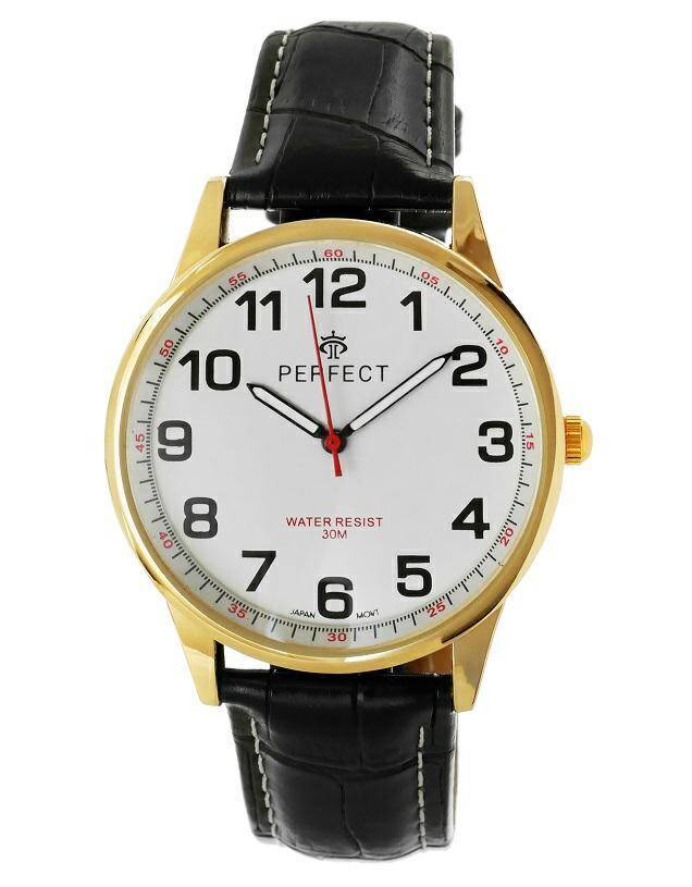 PERFECT MĘSKI PASEK C410N-09 ZŁOTA KOPERTA, BIAŁA TARCZA, CZARNY PASEK, BIAŁE PRZESZYCIE