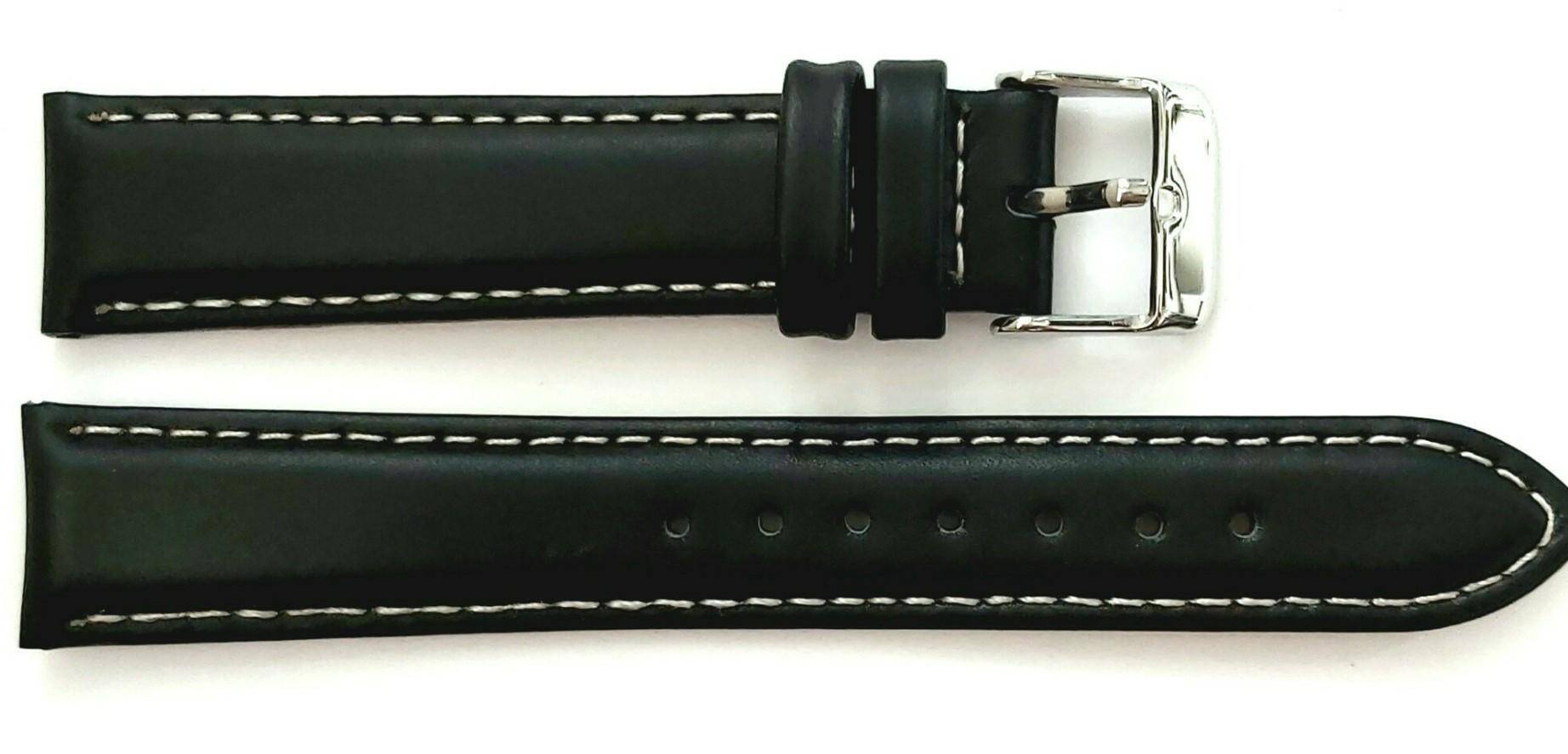 PASEK CHERMOND 18 MM A174 GŁADKI czarny pasek, białe przeszycie, srebrna sprzączka