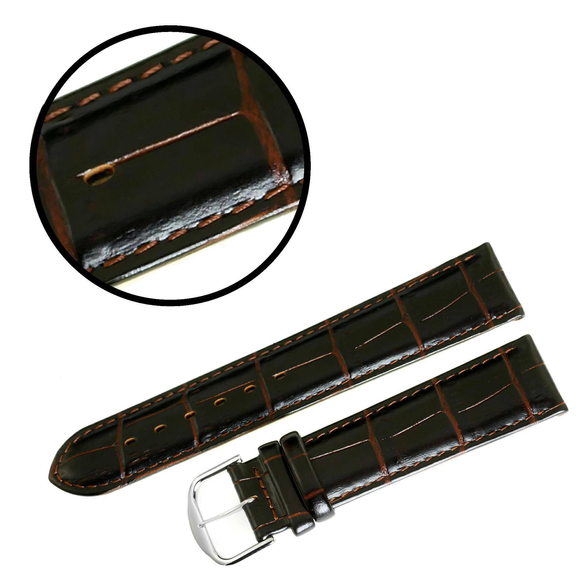 PASEK REDA 20mm KROKODYL ciemnobrązowy pasek, brązowe przeszycie, połysk