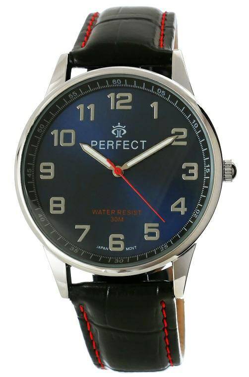PERFECT MĘSKI PASEK C410N-07 SREBRNA KOPERTA, GRANATOWA TARCZA, CZARNY PASEK, CZERWONE PRZESZYCIE
