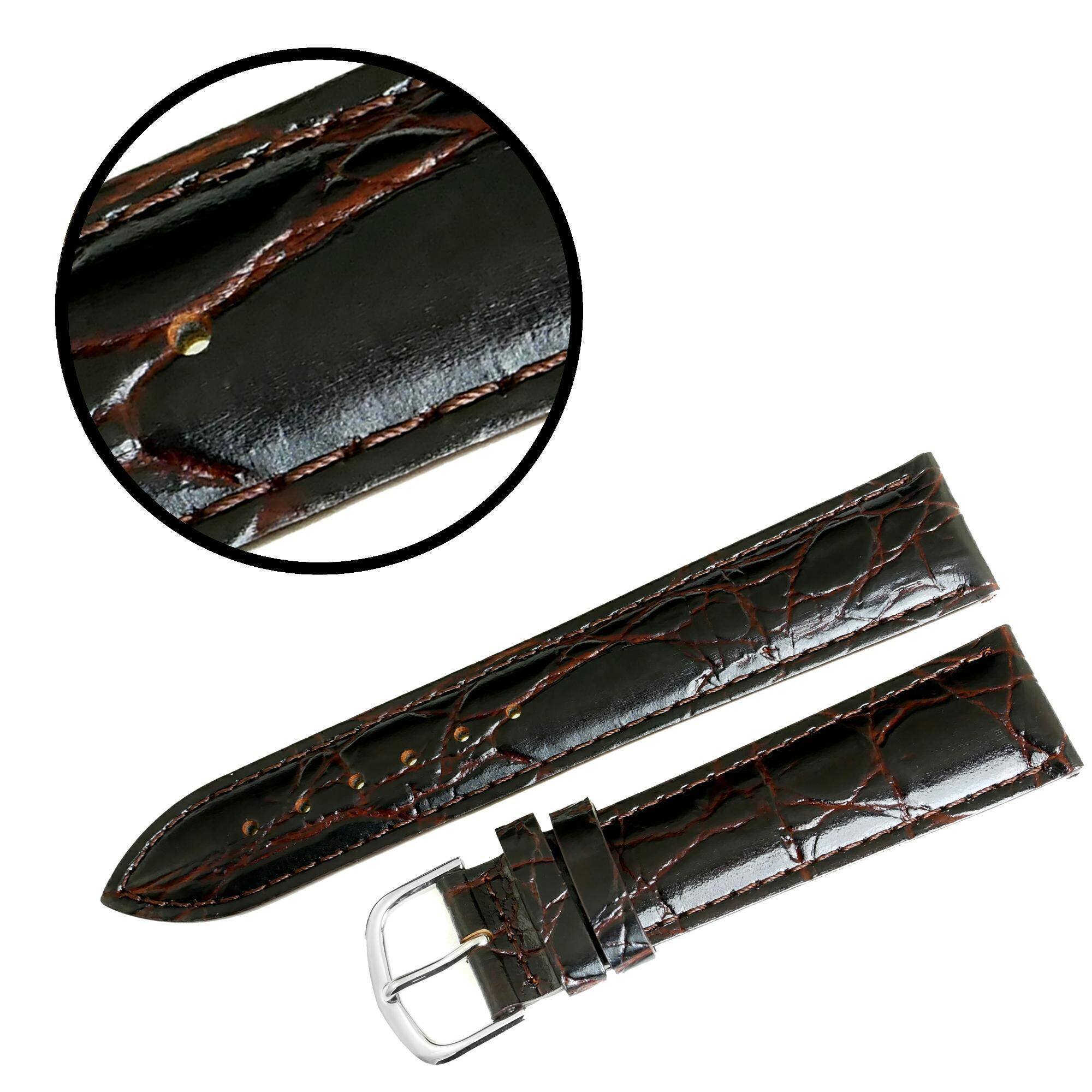 PASEK REDA 20mm KROKODYL ciemnobrązowy pasek, brązowe przeszycie, połysk