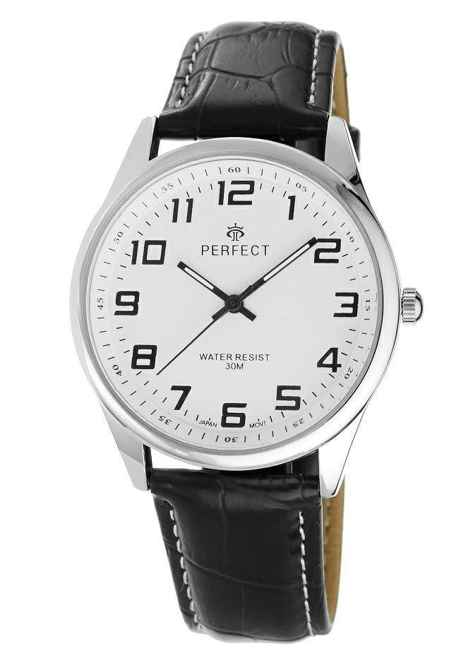 ZEGAREK PERFECT MĘSKI C405L-02 SREBRNA KOPERTA, BIAŁA TARCZA, CZARNY PASEK, BIAŁE PRZESZYCIE