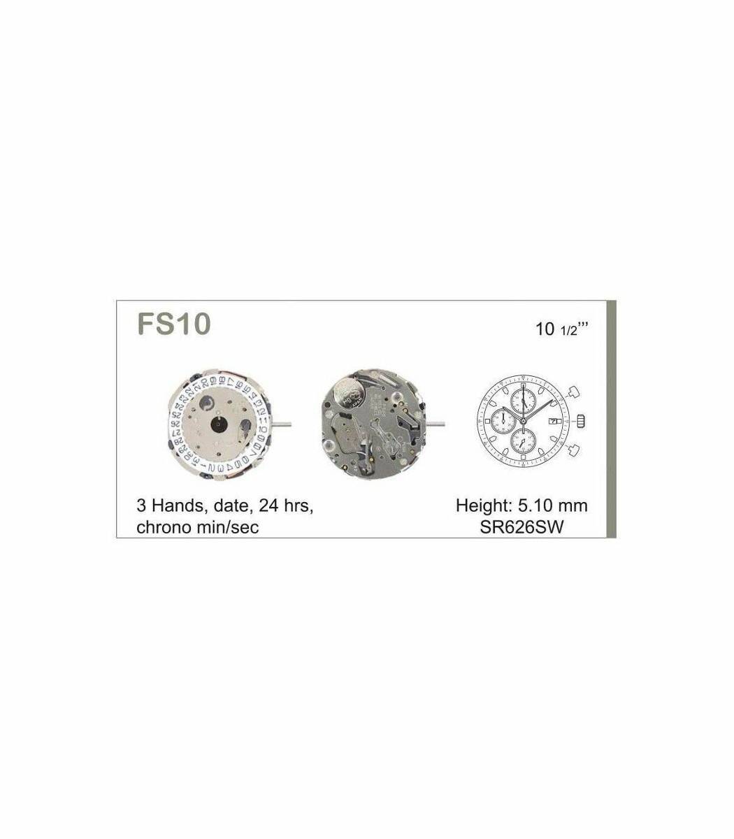 MECHANIZM MIYOTA FS10 Mvt. Miyota FS10 10 1/2``` DATE3 CHR 24H SEC MIN Quartz (377 | SR626SW) - Slanted Push