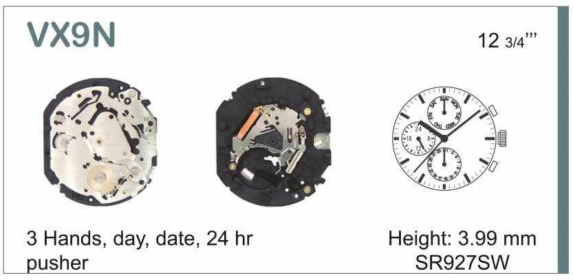 MECHANIZM SEIKO VX9NE 12 3/4``` DATE6/DAY12 SC CHR 3EYES 24H Quartz (399 | SR927W)