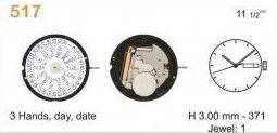 MECHANIZM RONDA 517 data 3 H2 RONDA 517 11 1/2``` SC DAY/DATE3 Quartz (371) (Zdjęcie 1)