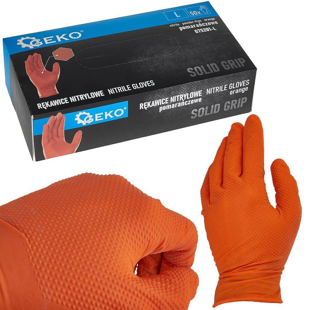 Rękawice nitrylowe Geko SOLID GRIP rozmiar L - 50 sztuk - pomarańczowe