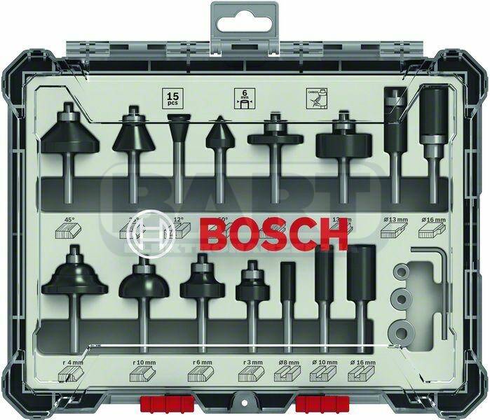 BOSCH Mieszany zestaw frezów, trzpień 6 mm, 15 szt.