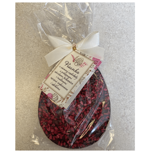 Pisanka z ciemnej czekolady z ziarnami kakaowca i malinami 65g