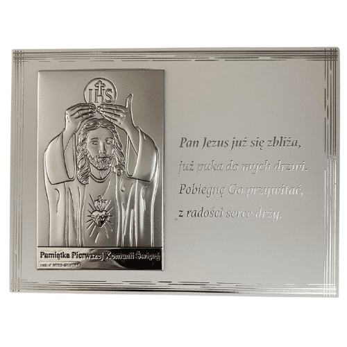 Obrazek Eucharystia Pan Jezus srebro na białym drewnie 10,5x14cm
