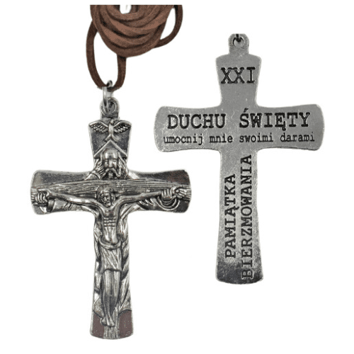 Krzyż KP017 + rzemyku Pamiątka Bierzmowania Trójca Św. 8cm