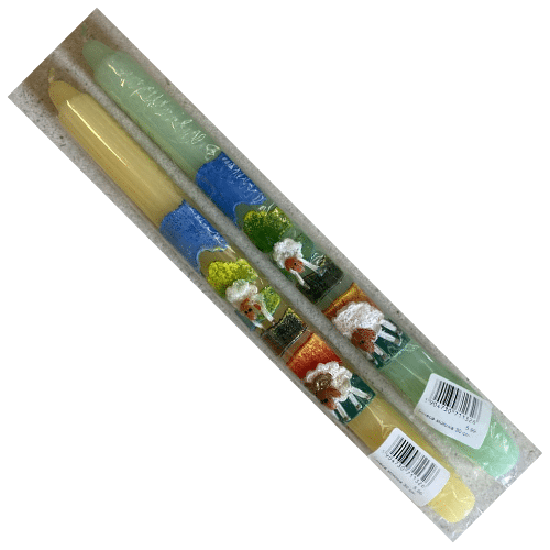 Świeca stołowa z barankami wielkanocnymi żółta lub zielona 30cm