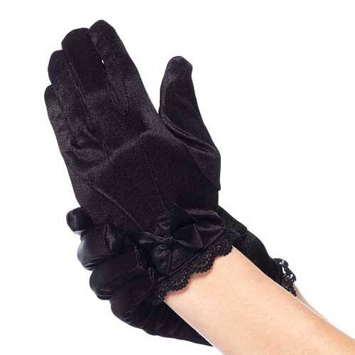 LACE TRIMMED SATIN GLOVES BLACK M