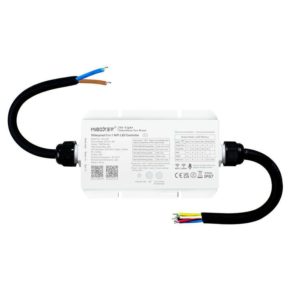 Sterownik Wodoodporny IP67 Kontroler MiBoxer WL5-WP 5w1 20A 12-48V MONO RGB RGBW RGBCCT WiFi + 2,4GHz