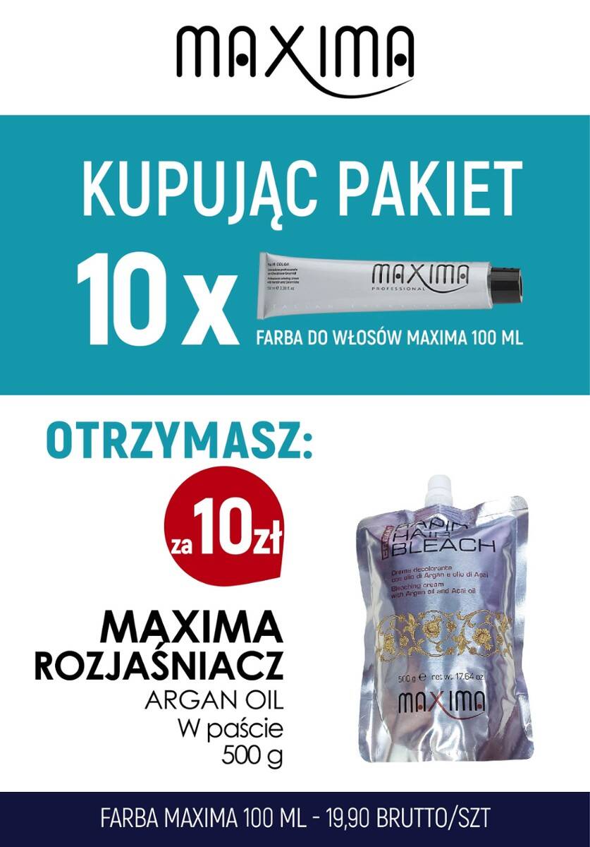 Farba 100 ml MAXIMA x 10 + Maxima rozjaśniacz Arganowy w paście