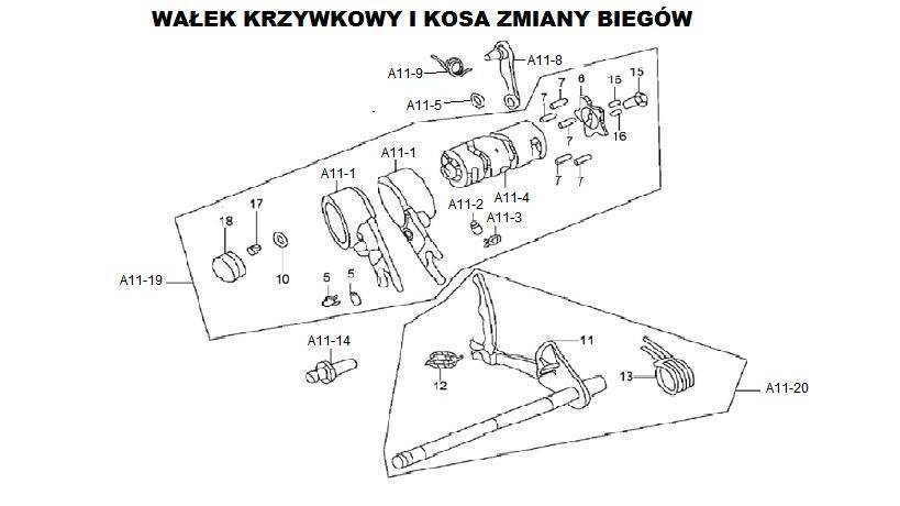 Wałek krzywkowy, kosa zmiany biegów YX150e KLX