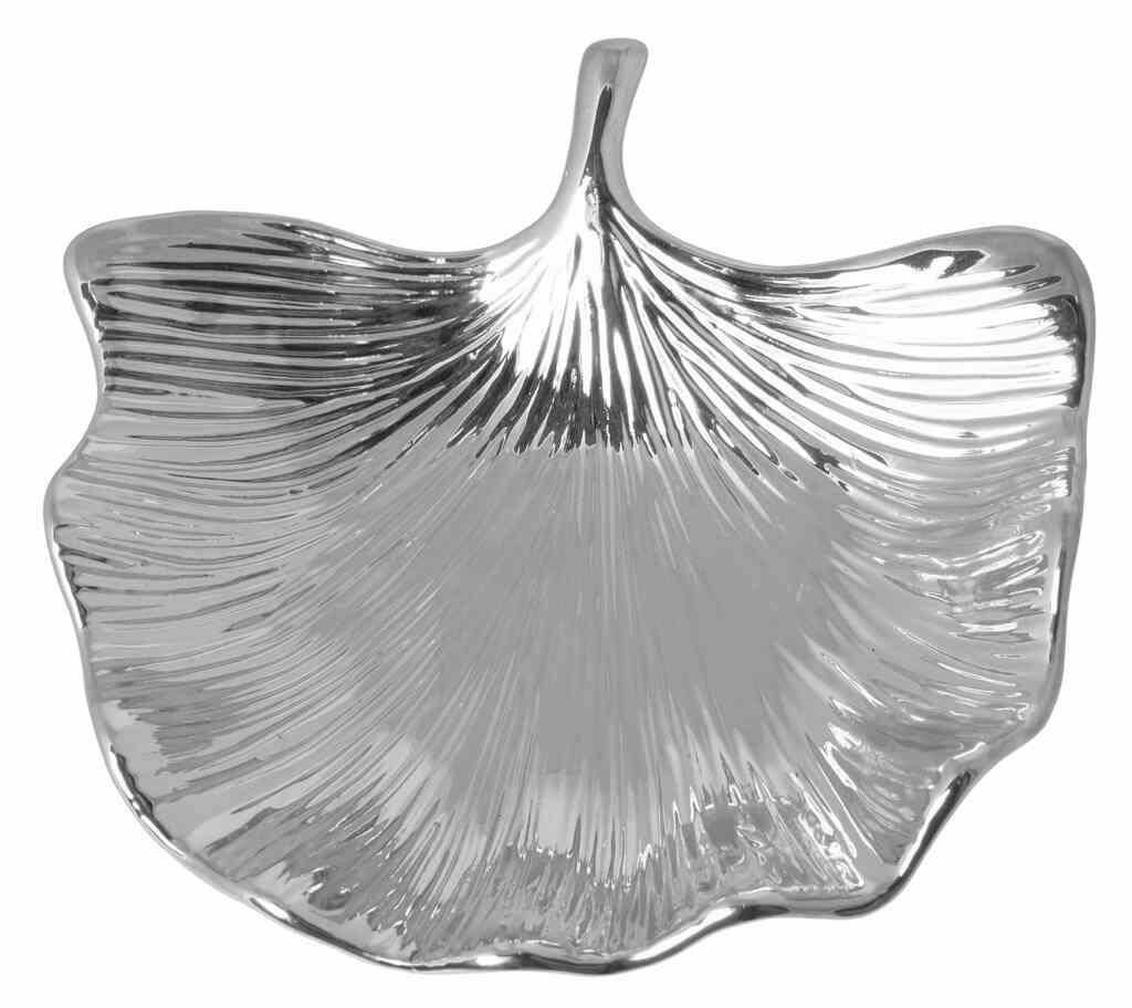 Talerz ceramiczny liść miłorząbu srebrny