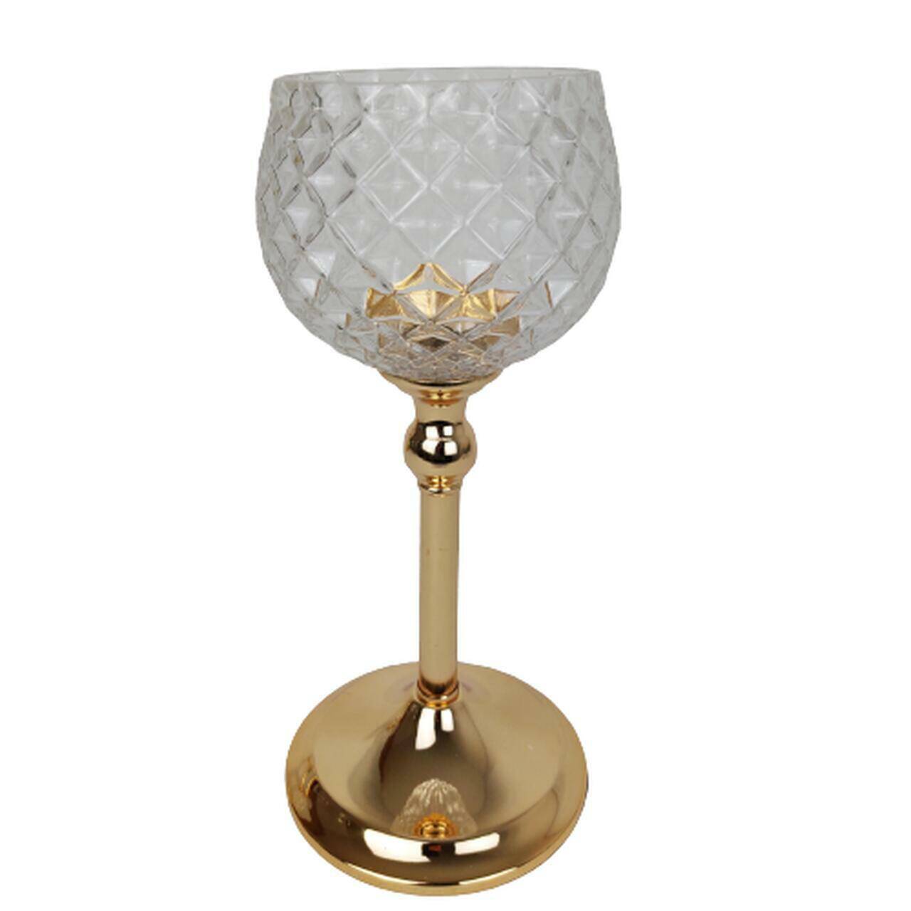 Świecznik szklany złoty z kloszem 30cm