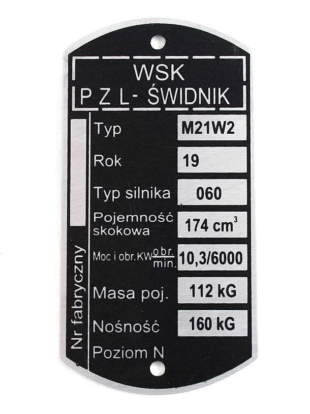 Tabliczka znamionowa WSK 175 M 21W 2 M.2