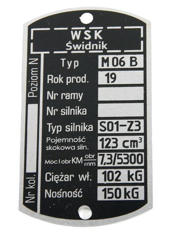 Tabliczka znamionowa WSK/ WFM M06B