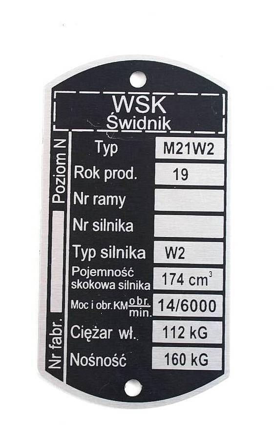 Tabliczka znamionowa WSK 175 M 21W 2 M.1